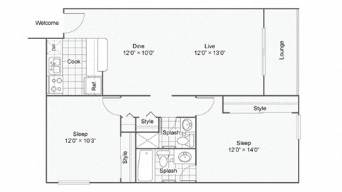 Floor plan for 2 beds, 2 baths, 880 sqft